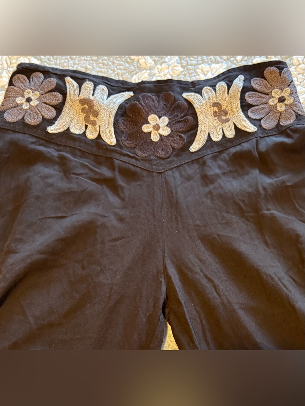 YOA Brown Rayon KneeLength Harem Pant w Intricate Embroidery - Elastic Back M-L